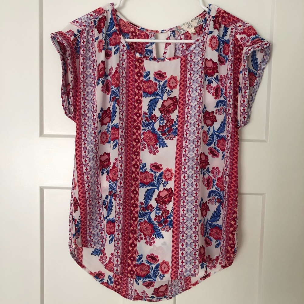 Pink Rose Top Sz Small, Floral, Pink, White, Blue